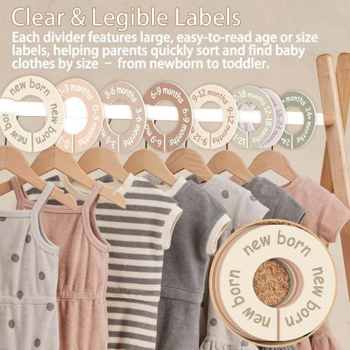 Baby Closet Dividers for Clothes, 8 Pcs Earth Tone Round Clothes Dividers for Closet Rod, Nursery Hanger Organizer & Decor, Clear Labels for Easy Sorting from Newborn to 24+ Months