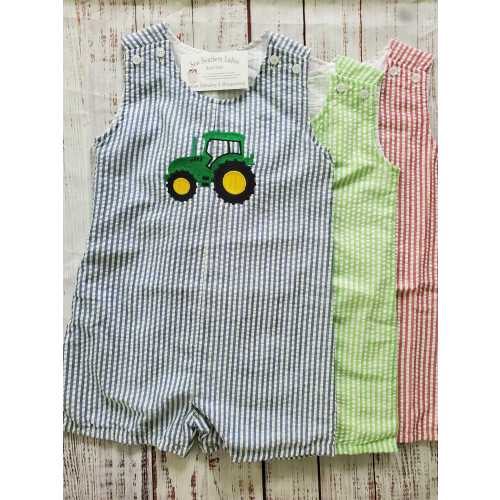 Boys Blue Seersucker Tractor Romper: 100% Cotton Jon Jon