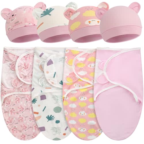 Buryeah 4 Pack Preemie Swaddle Blanket Wrap Set | Preemie Newborn Clothes Sleepers Cap Set, Fit 3-7 Lbs Baby Boys Girl, Adjustable, Prevents Startle Reflex