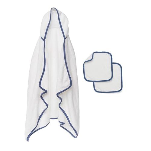 Lalo Hooded Towel and Washcloth Set, 100% Organic Cotton | Includes 1 Baby Towel and 2 Washcloths, Soft on Sensitive Skin, Durable and Absorbent, Machine Washable, Blueberry