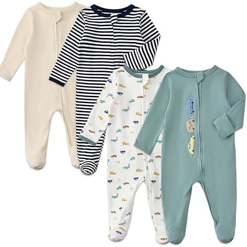Aablexema Baby Footed Pajamas with Mitten Cuffs Zipper 4-Pack Infant Newborn Cotton Long Sleeve Outfit