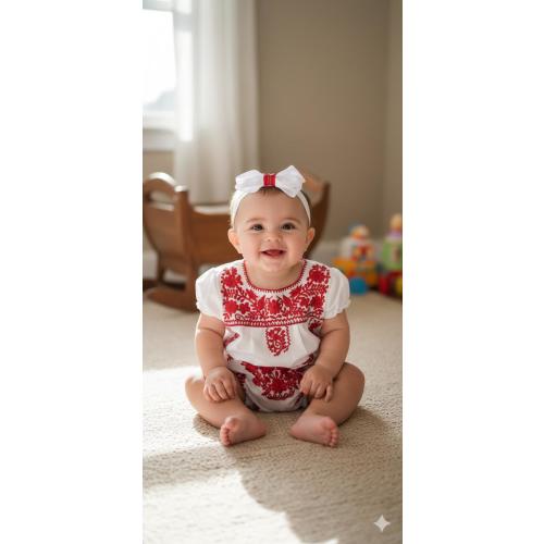 Embroidered Baby Girl Outfit: Poplin Crop Top, Bloomer & Headband