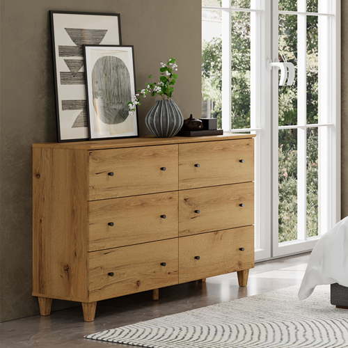 Modern 6-Drawer Double Dresser, Wooden Chest of Drawers with Oak Brown Wood Finish, 47.2" Wide