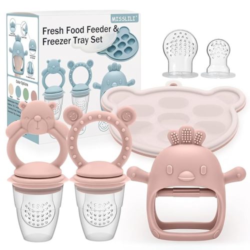Baby Silicone Fruit Food Feeder Pacifier & Breastmilk Popsicle Freezer Molds,BPA Free Baby Food Storage Containers Frozen Ice Tray for Baby Feeding Safely, Infant Fruit Teething Toy (Pink)