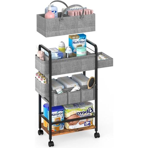 LIDTOP 2In1 Baby Diaper Caddy & 4-Tier Rolling Diaper Cart, Diaper Caddy Organizer Cart with Dividers & Drawer, Mobile Metal Bedside Cart for Nursery Essentials Storage, Large Capacity