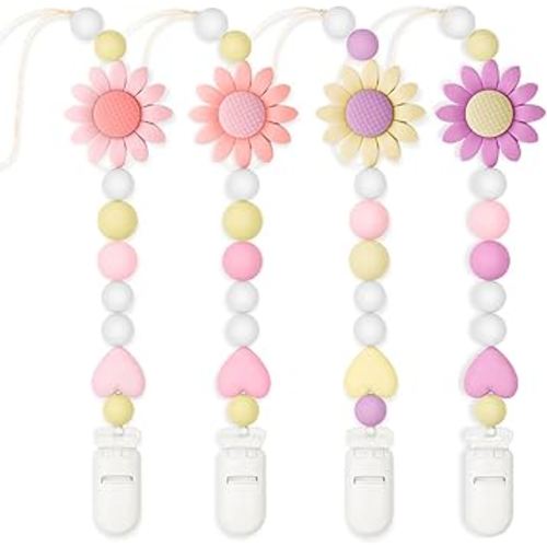 Silicone Pacifier Clip, 4 Pack Pacifier Holder for Boys and Girls, Adorable Sunflower Pacifier Strap Fits for Most Pacifier, Baby Teethers, Baby Shower and Baby Gift