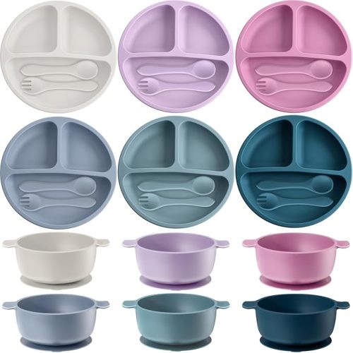 Dandat 24 Pcs Silicone Baby Feeding Set,6 Baby Toddler Suction Bowls 6 Divided Suction Plates with 6 Forks 6 Spoons, Utensils Set for Weaning Infant Feeding and Eating, 6 Styles (Elegant Color)