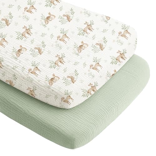 Konssy 2 Pack Muslin Bassinet Sheets for Boys, Girls, 100% Cotton Soft Breathable Fitted Bassinet Mattress Sheet, 33 x 21 inches (Woodland,Sage)
