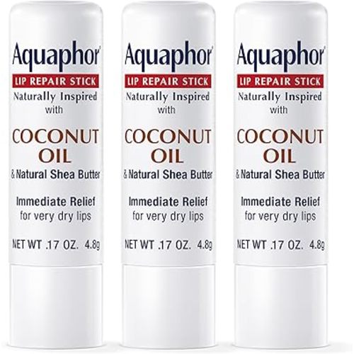 Aquaphor Naturally Inspired Lip Repair Stick with Coconut Oil and Natural Shea Butter, Hydrating Lip Balm Immediately Relieves Dryness and Soothes Chapped Lips, 0.17 Oz Stick, Pack of 3