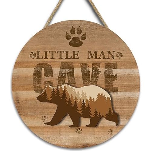 Wooden Little Man Cave Sign for Baby Boy Nursery Decor, Woodland Nursery Room Wall Decorations, Bear Wall Art Decor Rustic Farmhouse Kids Bedroom Hanging Decor (B)