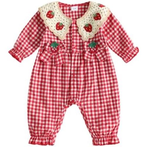 Baby Girl Strawberry Romper Plaid Jumpsuit One Piece Outfit