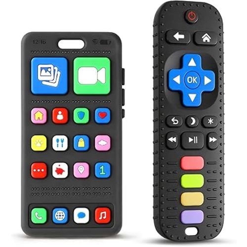 2 Pack Baby Teething Toys for 0-6 6-12 Months, Silicone Phone & TV Remote Control Shape Teether Toys, Newborn Sensory Chew Toys for Teething Relief, Baby Shower Gifts for Infant Boys Girls