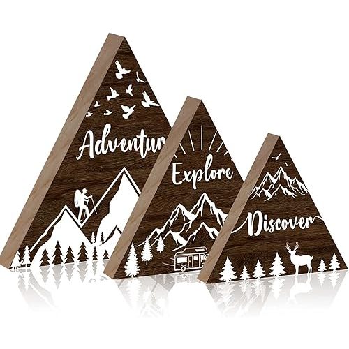Jetec 3 Pcs 3 Size Wooden Mountain Shelf Decorations Woodland Adventure Travel Mountain Sign for Home Bedroom Bathroom Shelf Wall Rustic Farmhouse Table Centerpiece Decoration(Brown)