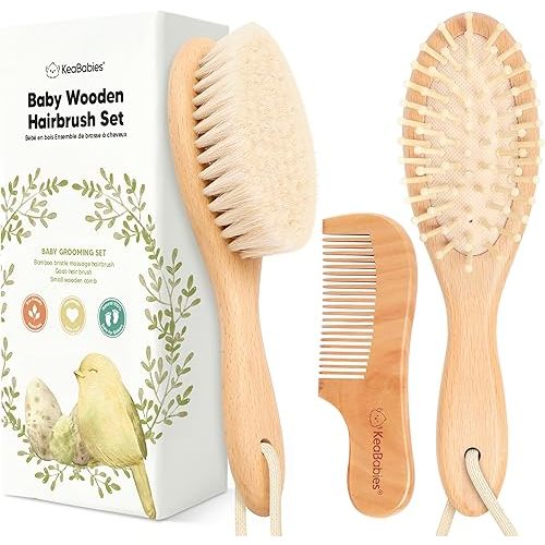 Baby Hair Brush Set for Newborns - Soft Goat Bristle Wooden Baby Brush and Comb Set Newborn Grooming Kit for Cradle Cap, Durable & Gentle, Boy, Girl Infant Essentials Care Kit (Oval, Walnut)