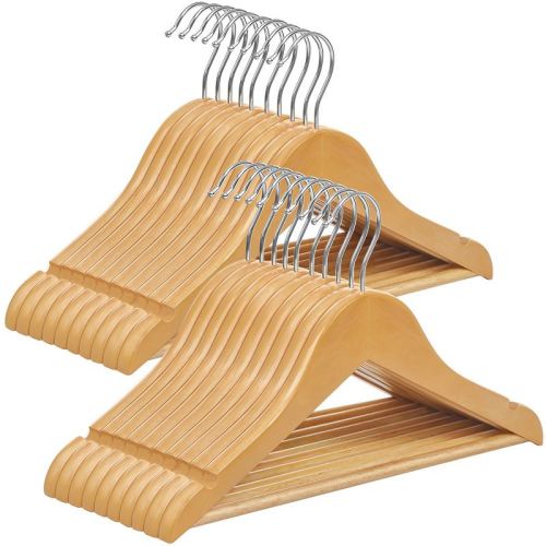 Songmics 20 Pack Kids Wooden Hangers Children's Coat Hangers With Pants Bar Swivel Hooks Shoulder Notches Natural And Silver