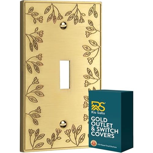 Rio Salto Metal Floral Decorative Wall Plate Toggle Light Switch Cover Plate Outlet Flower Wall Plates Single Flip Switch Brass Gold, 1-Gang Toggle (1-Pack)