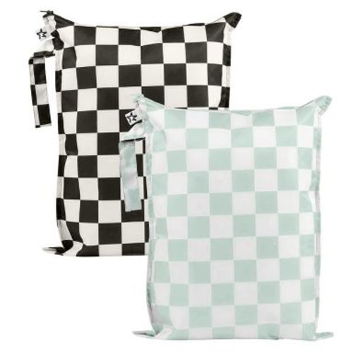 Tiny Twinkle Mess-Proof Waterproof Washable Baby/Toddler Wet Bags for Diapers, Swimsuits and Travel (Black, Green Checkers)