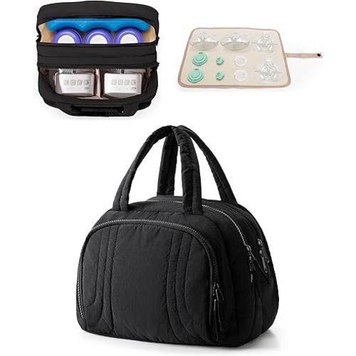 Wearable Breast Pump Bag Compatible with Momcozy and Eufy, Portable Pumping Bag with Cooler Compartment, Breast Pump Carrying Case with Drying Mat for Work, Travel and Family Use, Black