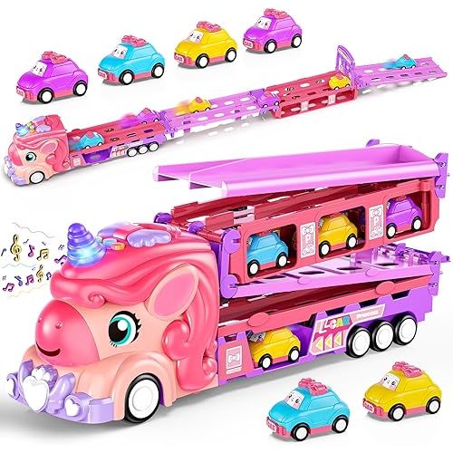 Hot Bee Girls Toy Car Set with Unicorn Toys Truck - 6 Princess Cars & 2-Player Fold Out Track with Light & Sound - Friction Power Car Toys Birthday Gifts for 3 4 5 6 Years Old Toddler Girls