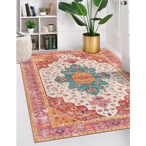 Moynesa Ultra-Thin Washable Vintage Area Rug - 5x7 Large Bedroom Boho Non-Slip Non-Shedding Living Room Mat Oriental Medallion Floor Carpet for Kids Nursery Room Office, Pink/Teal/Multi
