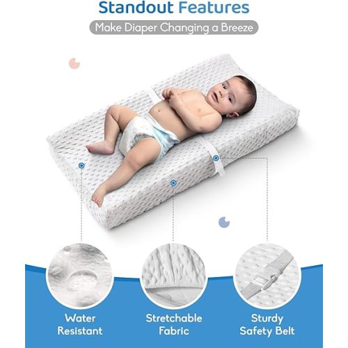 LOONAH Compact Small Changing Pad with Cover - 27" X 16" Contoured Baby Diaper Changing Pad White