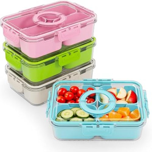 Small Snack Box Containers for Adults Men Women with 4 Compartments,Reusable Bento Box Adult Food Trays for Fruit,Charcuterie,Blue Lunch Box Divided Serving Tray with Lid and Handle for Work Travel