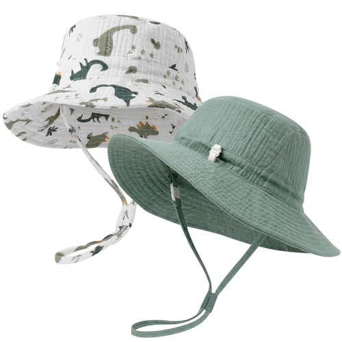 2 Pack Newborn Baby Sun Hat Breathable Muslin Cotton Cap 0-24M | Smart Snap-Up Brim, Breathable & Cool Cotton，Adjustable Head Size, Tension-Release Breakaway Clip, Full Face & Neck Sun Shade