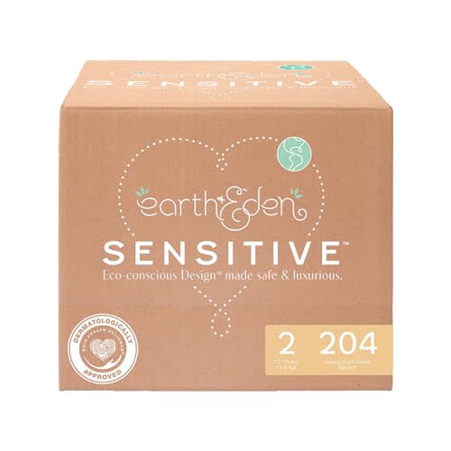 Earth & Eden Sensitive Baby Diapers, Size 2 (204 Count) - Eco-Conscious & Hypoallergenic Diapers - No Harsh Chemicals - Comfortable and Gentle on Skin - Dermatologically Approved