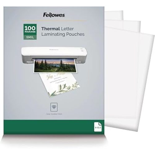 Fellowes Thermal Laminating Pouches, School Supplies Letter Size Sheets, Rigid 5-Mil, 100-Pack, Clear Jam-Free Design (5743501)