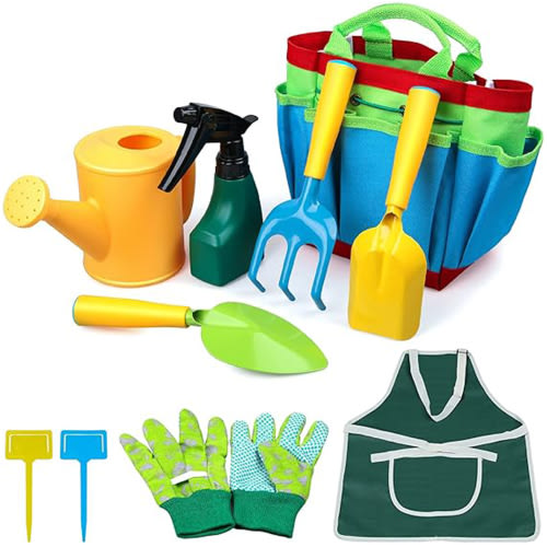 Kids Gardening Tool Set, 10 PCS  Kids Gardening Set Shovel Rake Trowel Apron Gloves Watering Can and Tote Bag, Gardening Tools for Kids Outdoor Toys