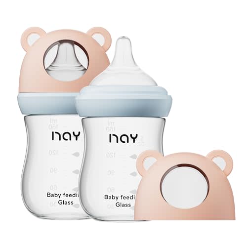 yanyoyo Natural Glass Baby Bottle for Breastfeeding Babies, 5.4oz Anti-Colic Baby Bottle with Natural Response Nipple(S), Clear, Wide Neck, 2 Pack, 1 Months+