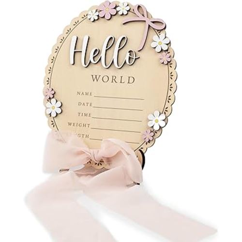 Baby Announcement Sign with Stand & Marker – Hello World Wooden Name Plaque for Newborn Photoshoot, Baby Shower, Rustic Keepsake Birth Stat Sign for Hospital Birth Announcement (Light pink ribbon)