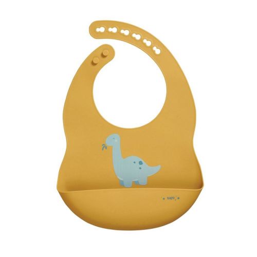 SARO Dino Baby Bib (Mustard): Spill-Proof Silicone Bib for Easy Feeding