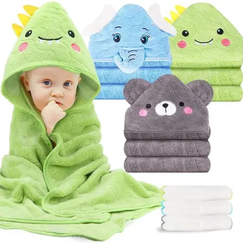 6 PCS Baby Towels, 3 PCS Soft Hooded Baby Towels & 3 PCS Washcloths, Baby Bath Towels for Newborns, Infants & Toddlers- Coral Fleece, Soft & Ultra Absorbent, Cute Towel Gift for Boys & Girls