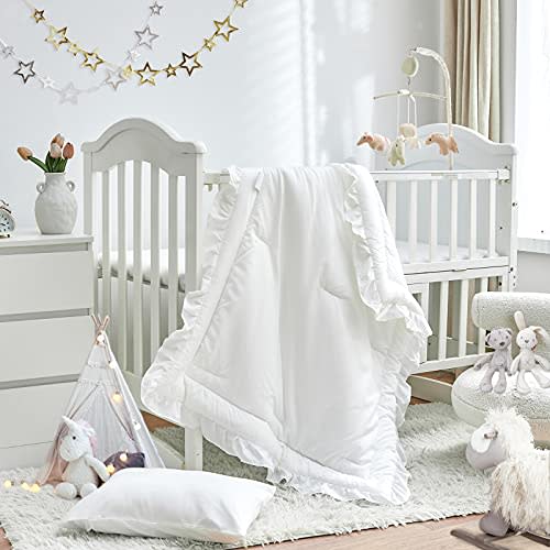 3 Pieces Crib Bedding Set Baby Ruffle Quilted Comforter with Fitted Sheet and Pillowcase - Cute Ruffled Shabby Chic Bedding Soft Blanket Design White