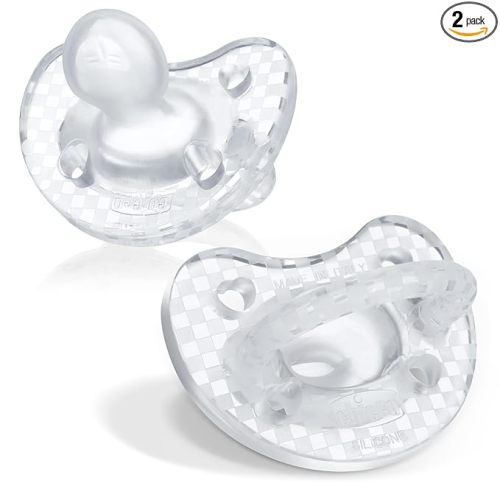 Chicco PhysioForma Luxe Orthodontic Pacifier for Babies 16-24 Months, One-Piece 100% Soft Silicone, Supports Breathing, Textured Shield & Handle, Included Sterilizing Case, BPA Free, 2-Pack, Crystal