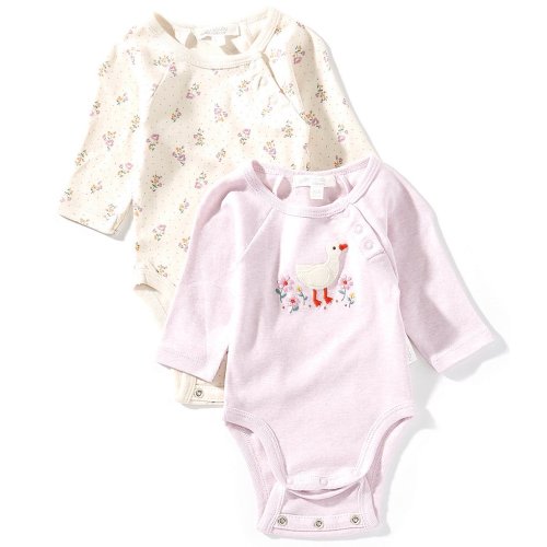 Purebaby Baby Girls Organic Cotton Long Sleeve Printed Ruffle Bodysuit 2-Pack