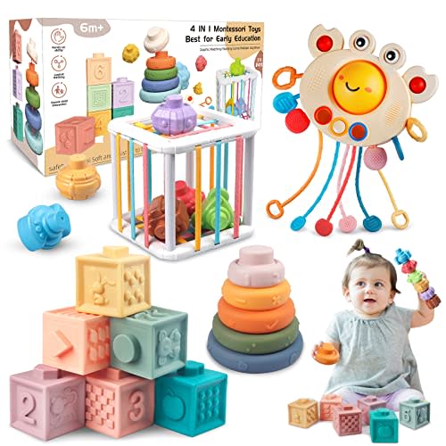 Plunack 4 in 1 Baby Toys 6-12 Months, Montessori Toys for Babies,Soft Stacking Building Blocks Soft Infant Teething Toys Sensory Balls Educational Learning Toys for Toddlers Boys Girls (E- 4 in 1)