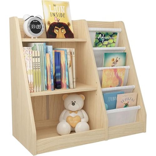 White 3 Tier Kids Bookshelf Toddler Book Rack for Book Toy Storage Organizer Children Bookcase 4 Sling Adjustable Book Display Shelf for Nursery Playroom Kids Baby Bedroom