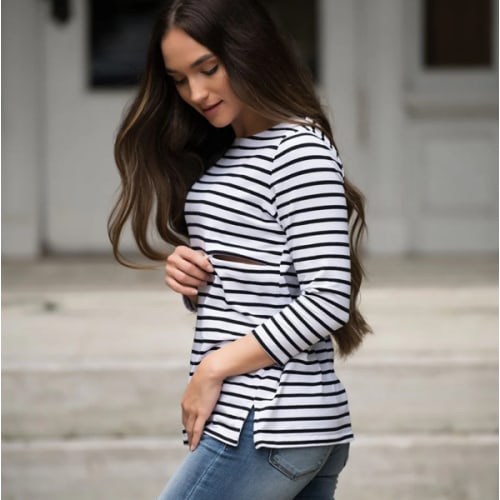Striped Nursing Top - 3/4 Sleeves With Hidden Zipper- Black/White