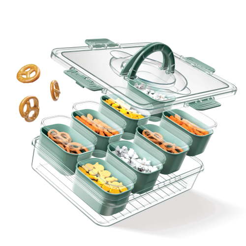 Cook With Color 8-Compartment Snackle Box, Charcuterie and Snack Container, Divided Serving Tray with Lids and Handle, Dishwasher Safe, Sage