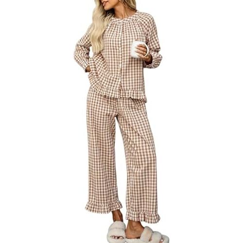 WOWULOVELY Womens Long Sleeve Gingham Pajama Set 2 Piece Plaid Cotton Cute Ruffle Pjs Set Maternity Bridal Pajamas
