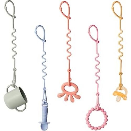 Silicone Toy Straps for Baby Stroller - 5 Pack Adjustable Toy Safety Straps for Baby Pacifier Teether - Sippy Cup Straps for Strollers, High Chair, Cribs, Car Seat, Bags - BPA Free, Multi Colors