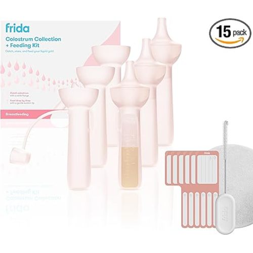 Frida Mom Colostrum Collection Kit, Catch, Store & Feed Breastmilk, Includes 6 Colostrum Collectors, 6 Labels, Cleaning Brush, Cloth & Case, Hospital Bag Ready, Safe Materials, 15pc kit