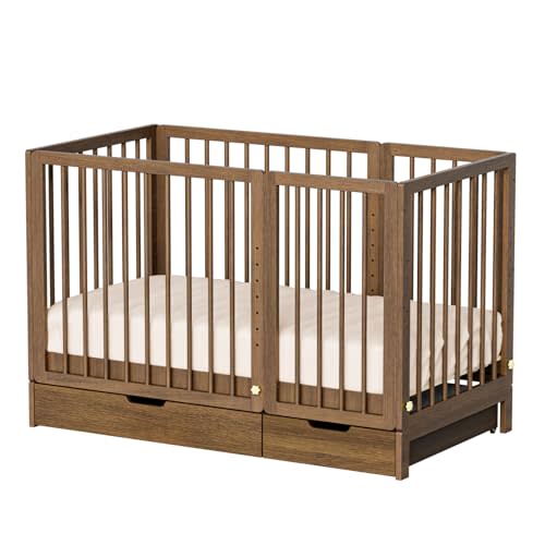 JOYMOR 8 in 1 Convertible Crib with Drawer, Include 2” Mattress, Converts to Bassinet, Mid Crib, Full Size Crib, Daybed,Toddler Bed and Playard (Crib with Drawer, Honey Wood)
