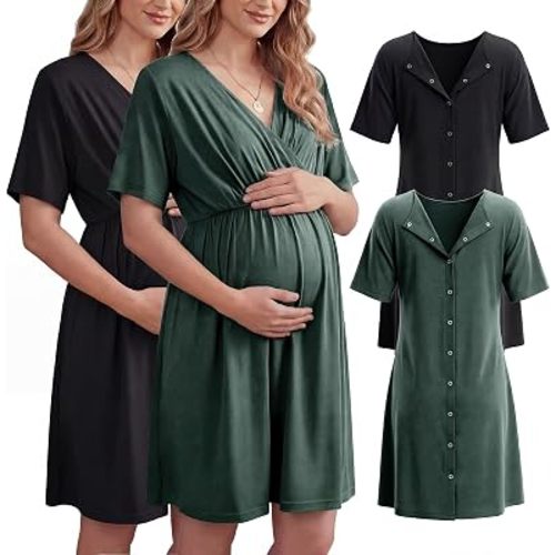 Cutecrop 2 Pack Labor and Delivery Gown for Hospital Maternity Nursing Short Sleeve Gown Button Back Birth Recovery Sleepwear