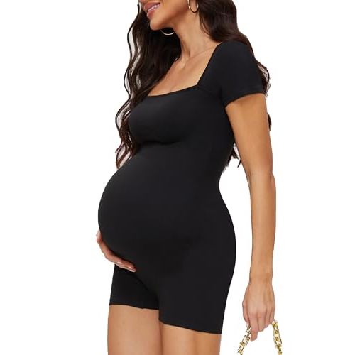 Buttery Soft Maternity Romper, Square Neck Short Sleeve One Piece | High elastic stretch, Bodycon mid thigh fit, Pull on comfort, S-XXL sizing, Photoshoot to lounge styling