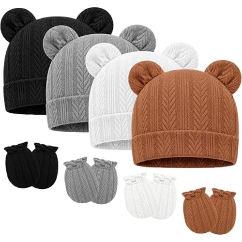 Newborn Baby Hats Bear Ears and Mittens Sets Preemie Toddler Infant Caps Baby Boy Girl Hospital Beanie for 0-3 Months