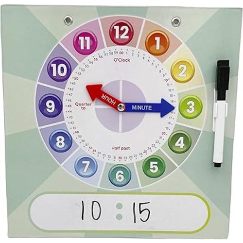Kids Teaching Clock with Moveable Arms, Dry Erase Surface, Magnetic Hanging Strips, Educational Learning Tool for Time-Telling Skills. Perfect for Classrooms and Homes