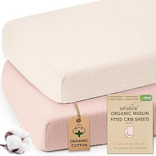 100% Organic Cotton Muslin Crib Sheets (Set of 2) – Soft & Breathable Fitted Sheets for Boys and Girls, Neutral Colors – Fits Standard Baby Crib Mattress (28 x 52 Inches) (Peach/Ivory)